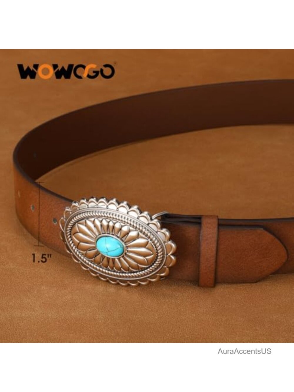 Western Cowgirl Belt with Concho Turquoise Buckle Faux Leather - Picture 2 of 6